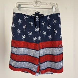 Airwalk Size Medium Patriotic Red White Blue Palm Tree Striped Swim Trunks